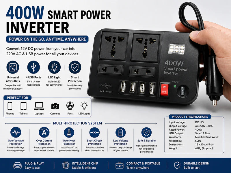 400W Multi Port Smart Car Power Inverter Dubai UAE portable car power inverter with multiple charging ports for laptops phones and travel devices