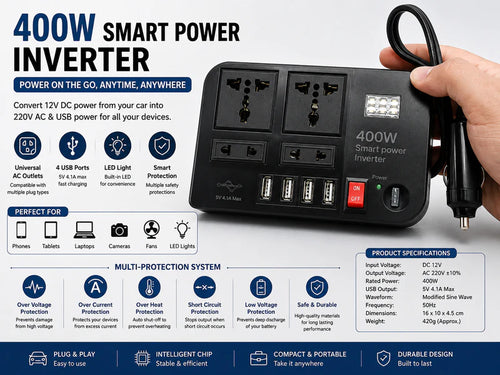 400W Multi Port Smart Car Power Inverter Dubai UAE portable car power inverter with multiple charging ports for laptops phones and travel devices