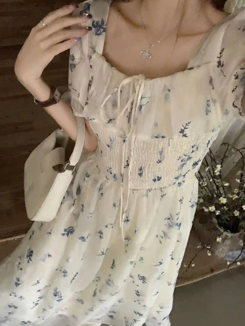 Blue Floral Chiffon Vacation Dress for Women Dubai UAE elegant floral chiffon dress for beach vacations summer outings and casual wear