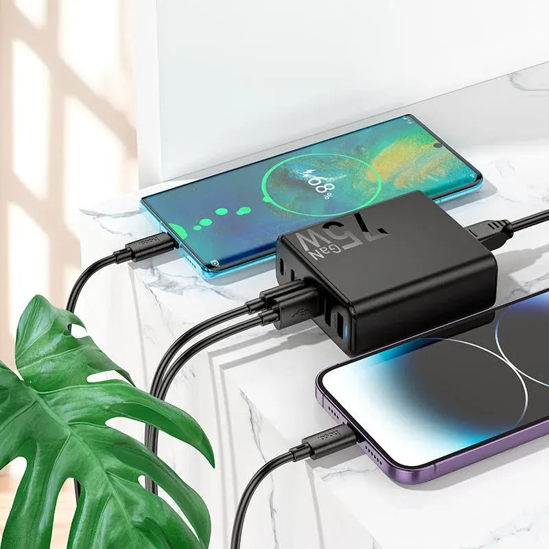 HOCO 75W GaN 6 Port Fast Charger with PD and QC 3.0 Dubai UAE GaN fast charger with six ports for smartphones tablets laptops and USB devices