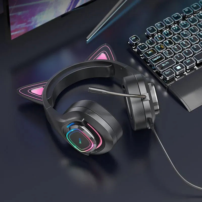 Hoco W107 Luminous Cat Gaming Headset Dubai UAE RGB gaming headphones with cat ears immersive stereo sound and comfortable over ear design