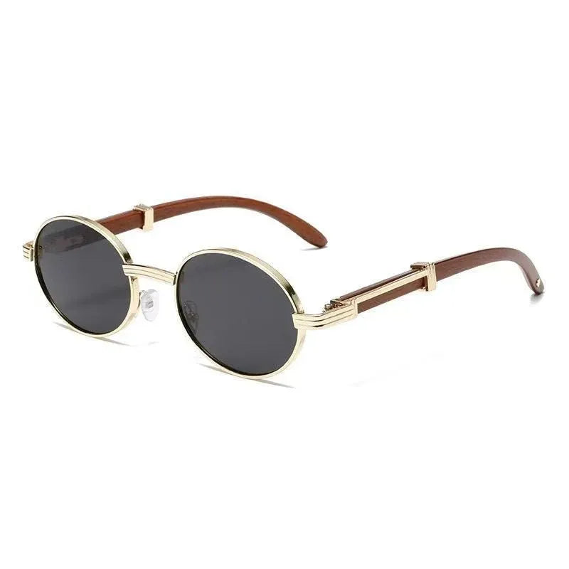 Metal Oval Wood-Grain UV400 Sunglasses