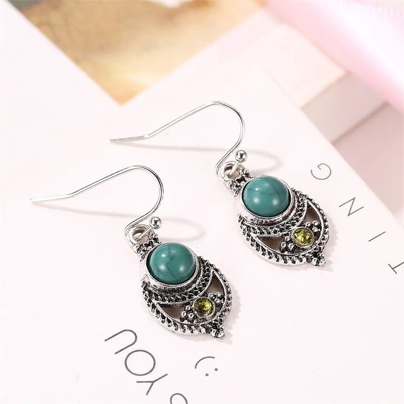 Bohemian Style Teal Turquoise Pendant Ear Jewelry Dubai UAE vintage openwork carved earrings for women boho fashion accessories