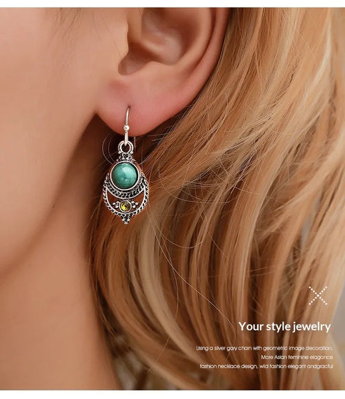 Bohemian Style Teal Turquoise Pendant Ear Jewelry Dubai UAE vintage openwork carved earrings for women boho fashion accessories
