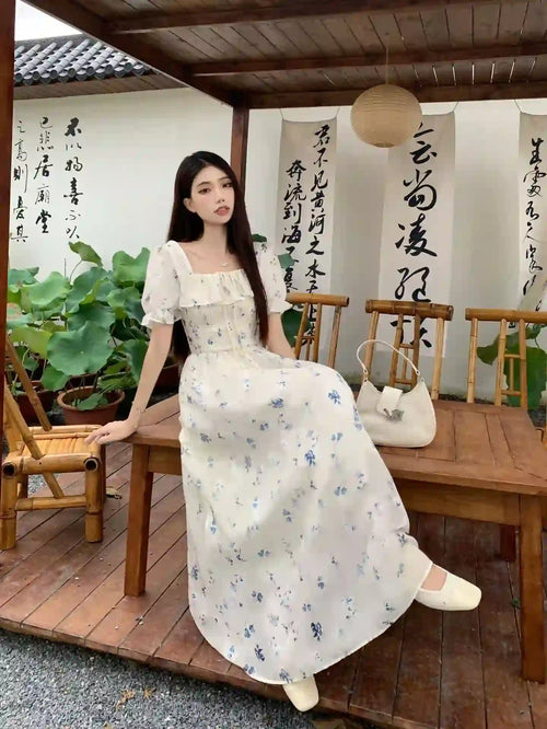 Blue Floral Chiffon Vacation Dress for Women Dubai UAE elegant floral chiffon dress for beach vacations summer outings and casual wear