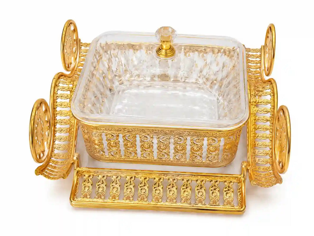 Gold Carriage Serving Dish with Lid Dubai UAE luxury serving dish with elegant carriage design for desserts sweets dates and festive dining