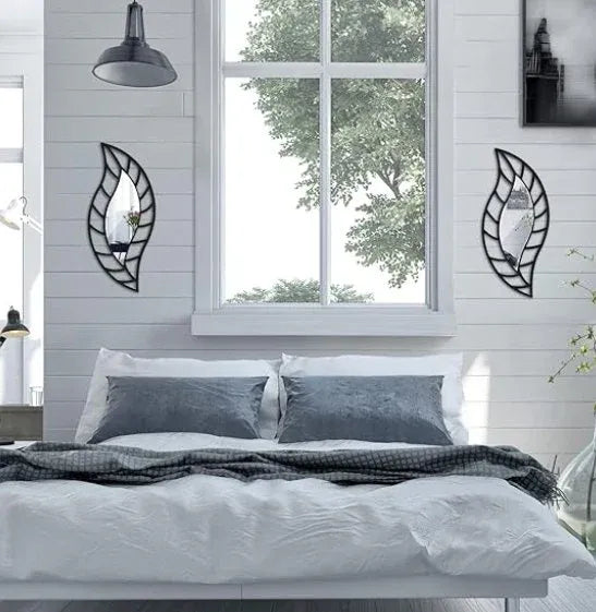 2 Piece Leaf Wall Mirror Decor Set Black Dubai UAE modern black leaf wall mirror set for living room bedroom hallway and home decoration