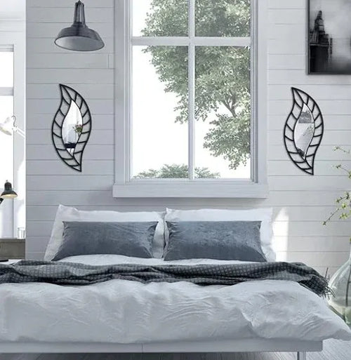 2 Piece Leaf Wall Mirror Decor Set Black Dubai UAE modern black leaf wall mirror set for living room bedroom hallway and home decoration