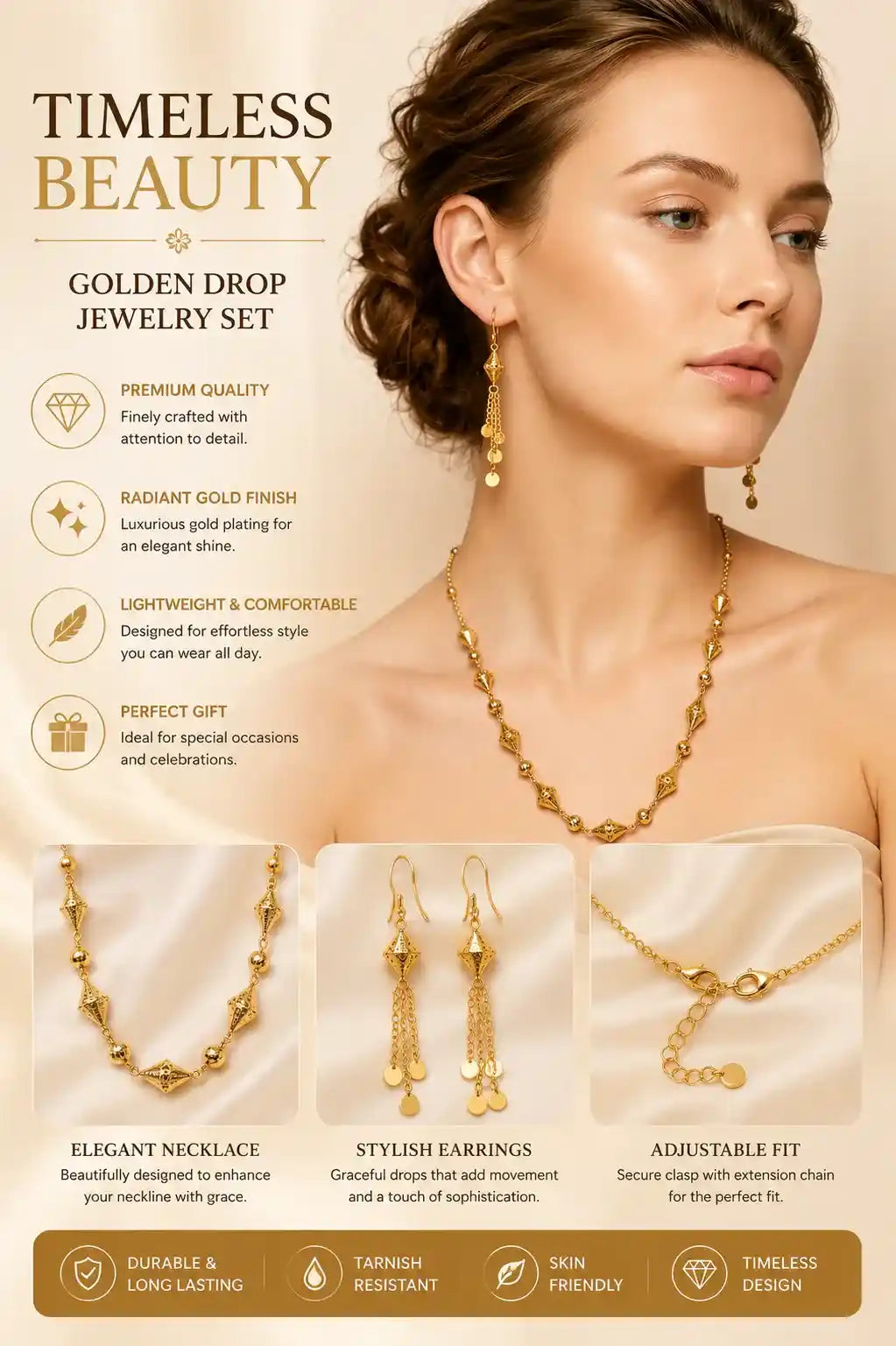 Elegant Gold Bead Necklace and Earrings Set Dubai UAE luxury women's jewelry set with gold bead design for weddings parties and special occasions