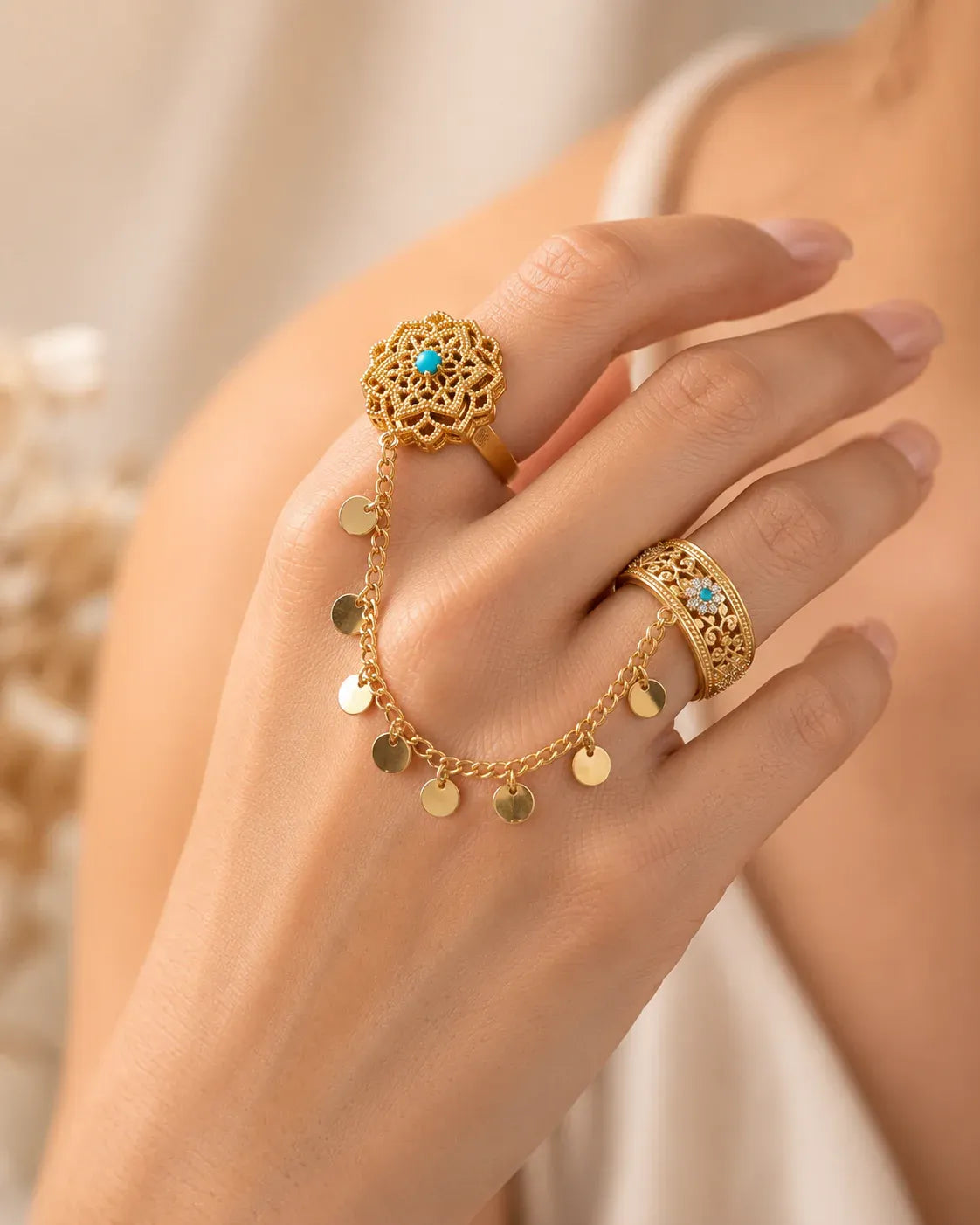 Boho Turquoise Double Finger Ring for Women Dubai UAE elegant bohemian turquoise double finger ring with stylish adjustable design for everyday wear