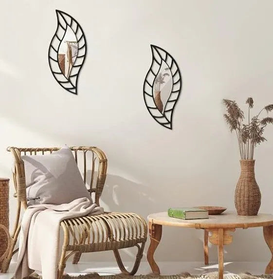 2 Piece Leaf Wall Mirror Decor Set Black Dubai UAE modern black leaf wall mirror set for living room bedroom hallway and home decoration