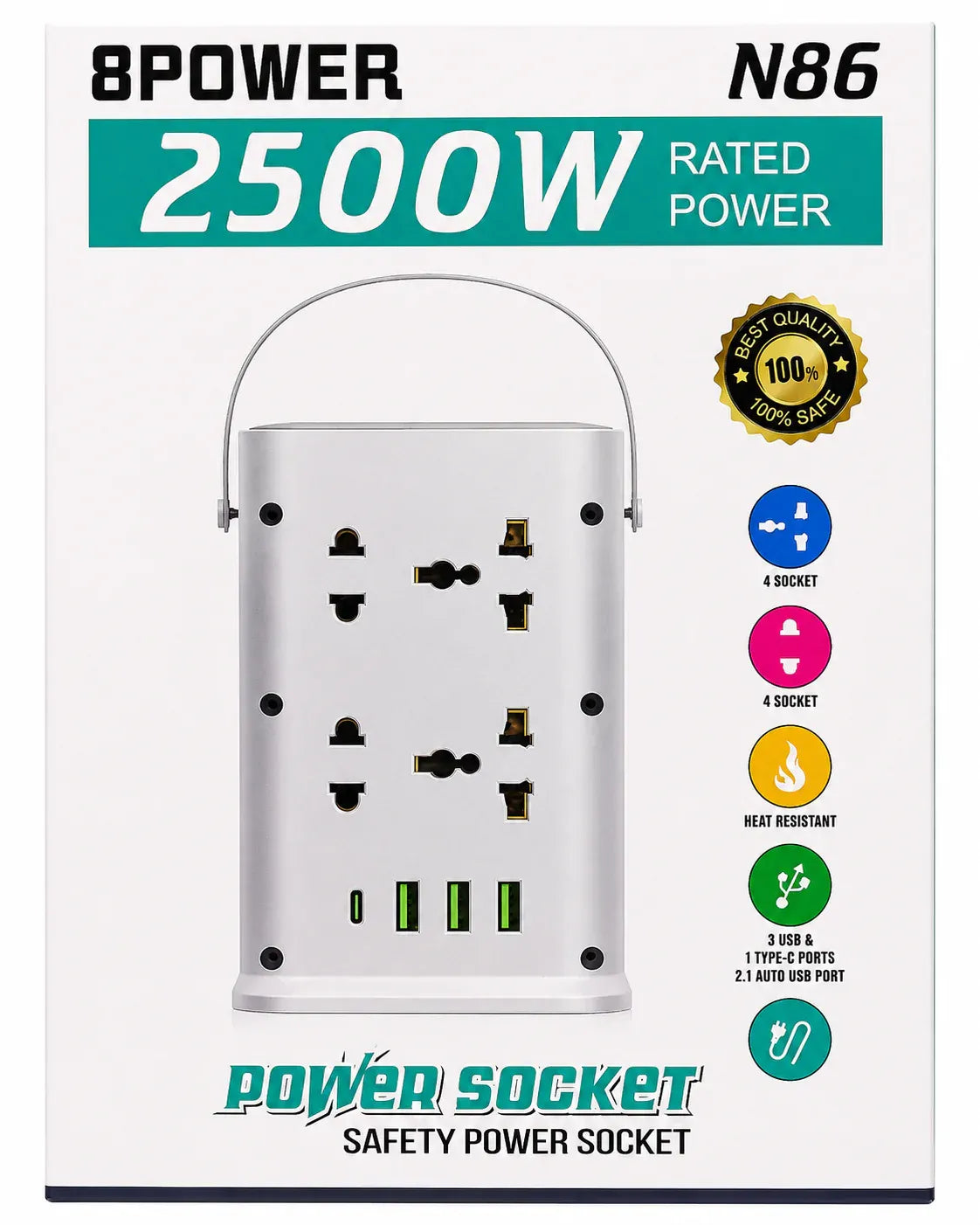 8POWER Safety Power Tower 2500W with USB and Type C Dubai UAE multi socket power tower with USB ports Type C fast charging and surge protection