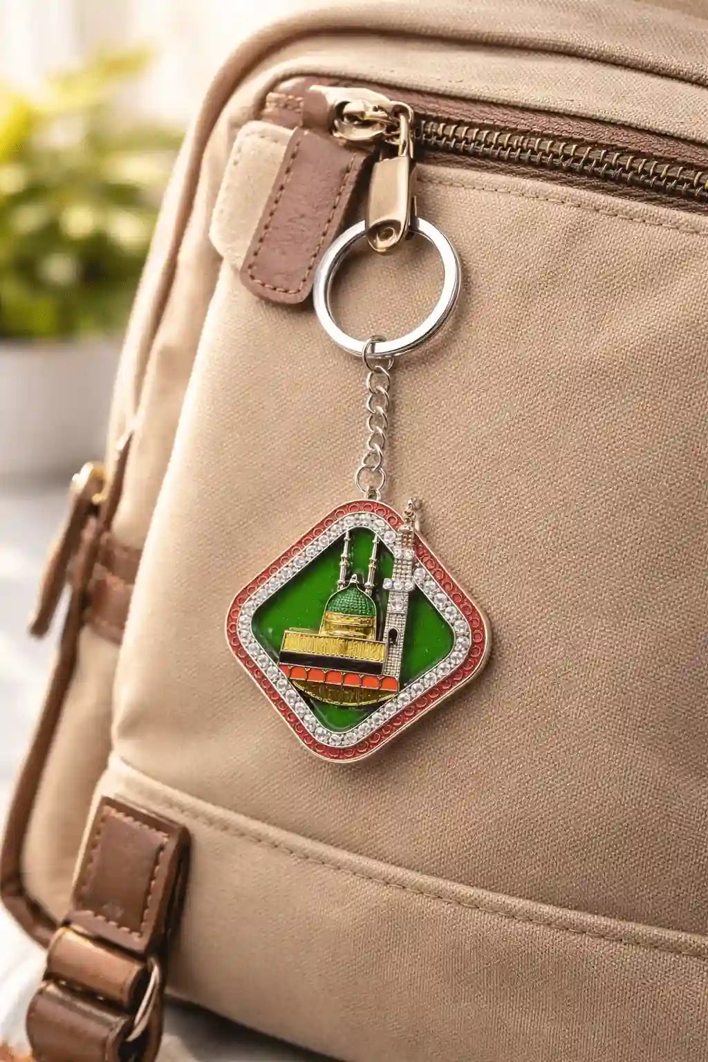 Madinah Dome Metal Keychain with Crystal Border Dubai UAE elegant Madinah Dome metal keychain with crystal border for keys bags and Islamic gift collection