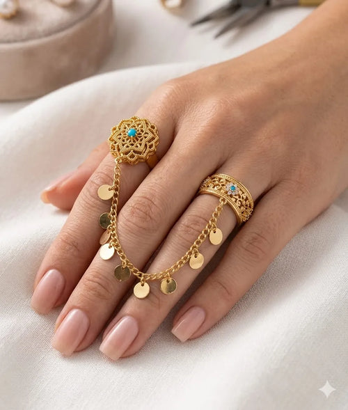 Boho Turquoise Double Finger Ring for Women Dubai UAE elegant bohemian turquoise double finger ring with stylish adjustable design for everyday wear