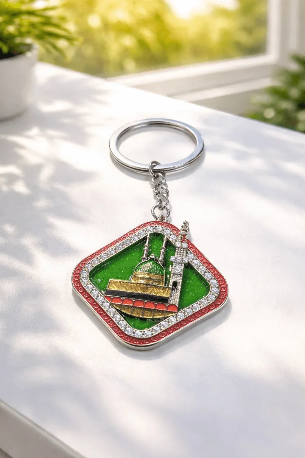Madinah Dome Metal Keychain with Crystal Border Dubai UAE elegant Madinah Dome metal keychain with crystal border for keys bags and Islamic gift collection