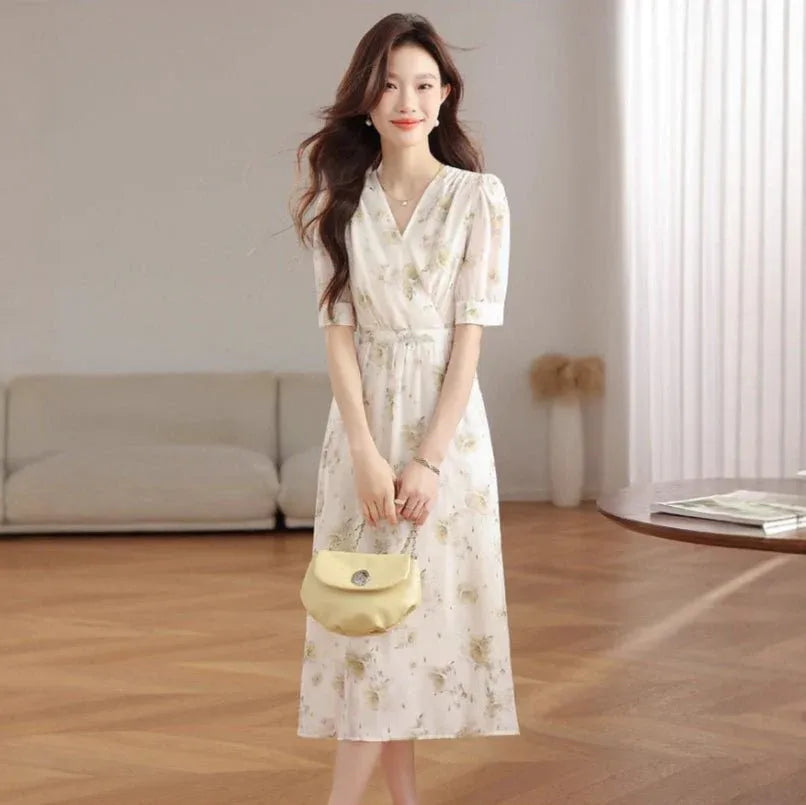Floral V Neck Puff Sleeve Midi Dress Dubai UAE elegant women's midi dress with floral print for casual outings and special occasions