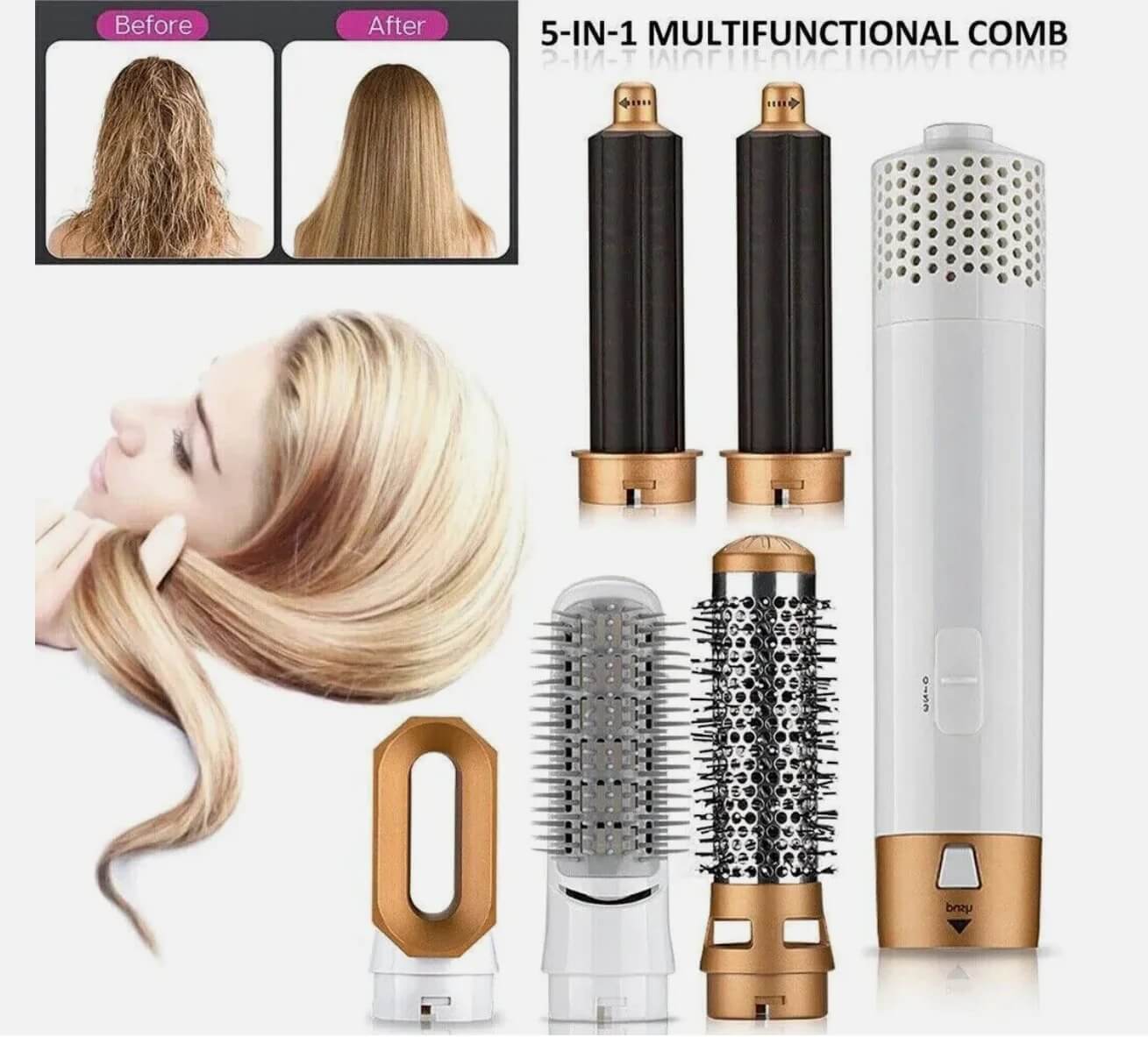 5-in-1 Ceramic Hot Air Styler & Hair Volumizer Brush – Straighten, Curl & Style Like a Pro | Emirasouq