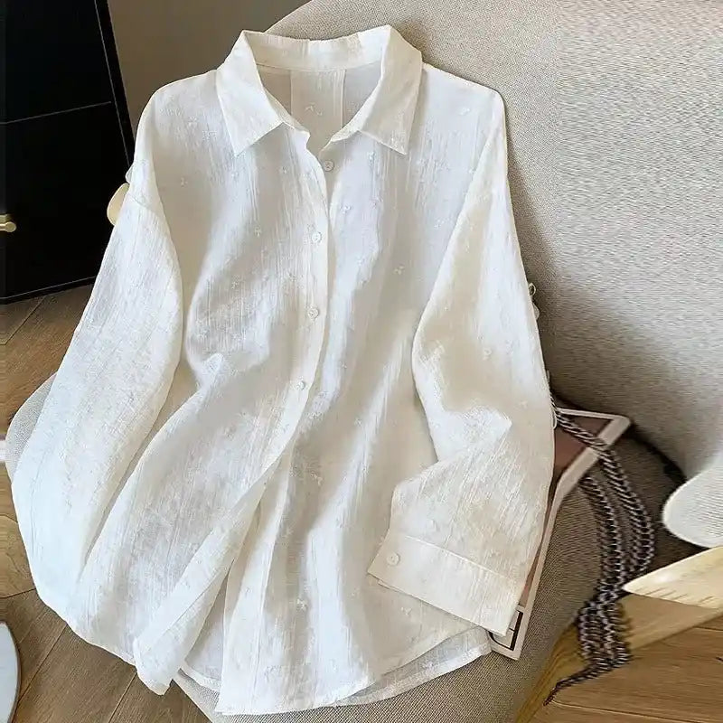 Elegant White Crepe Loose Fit Shirt Cardigan Dubai UAE women's white crepe shirt cardigan with relaxed loose fit for casual wear office and everyday style