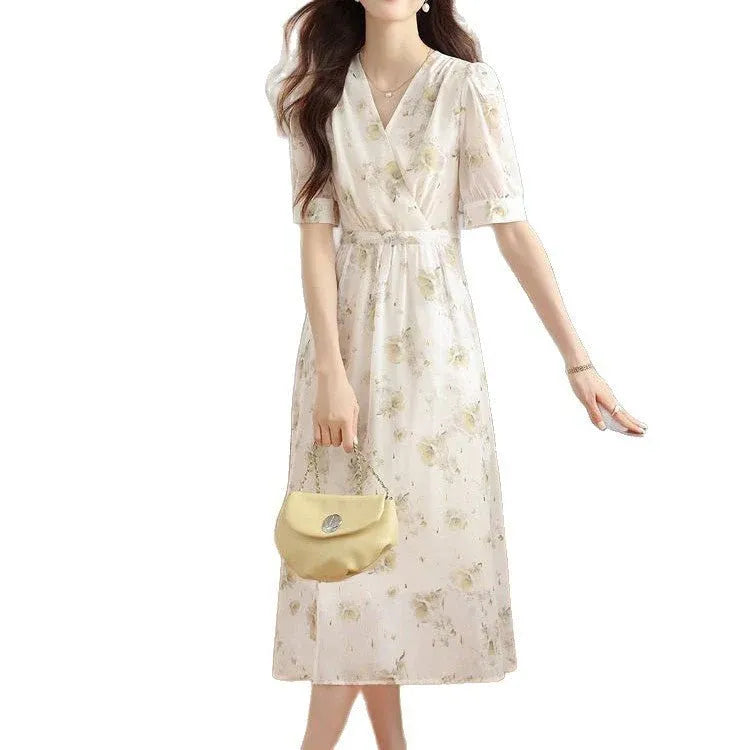 Floral V Neck Puff Sleeve Midi Dress Dubai UAE elegant women's midi dress with floral print for casual outings and special occasions
