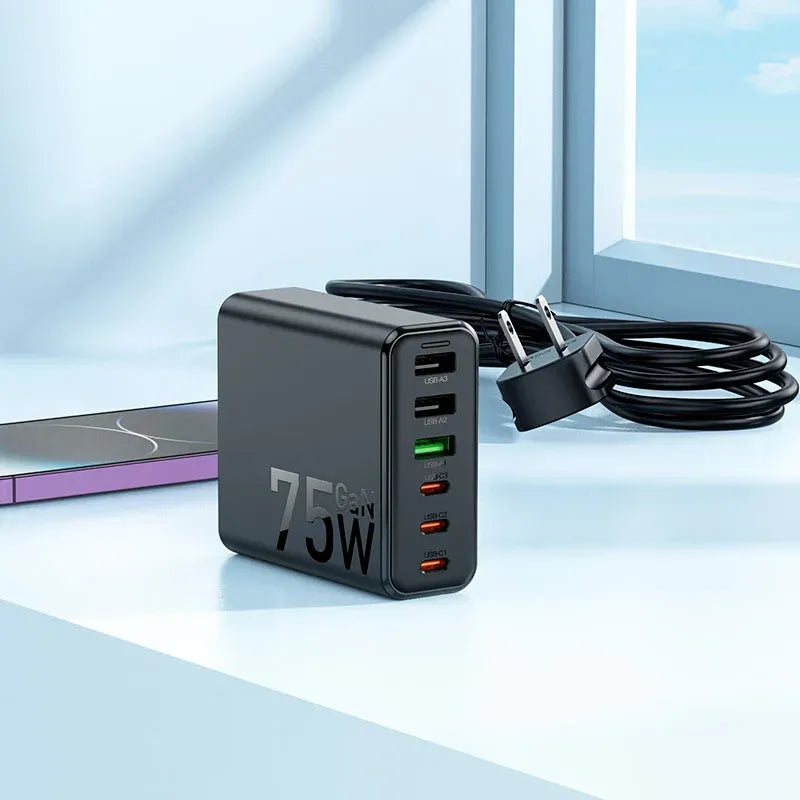 HOCO 75W GaN 6 Port Fast Charger with PD and QC 3.0 Dubai UAE GaN fast charger with six ports for smartphones tablets laptops and USB devices