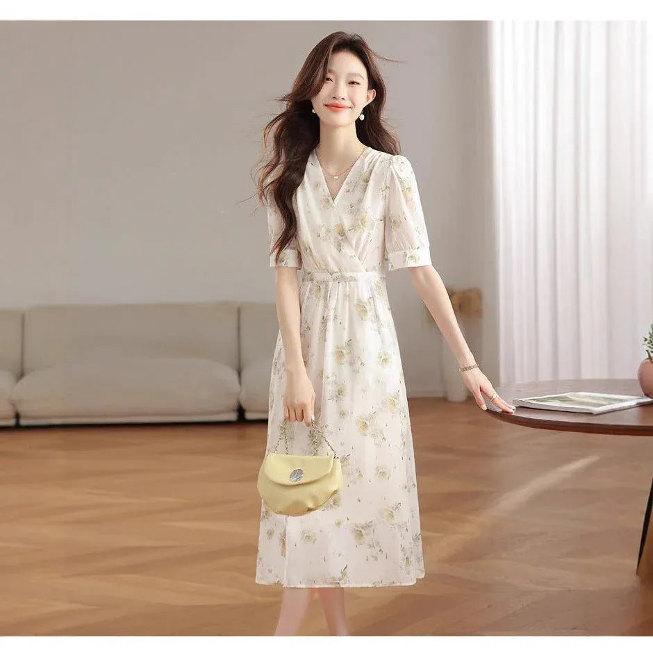 Floral V Neck Puff Sleeve Midi Dress Dubai UAE elegant women's midi dress with floral print for casual outings and special occasions