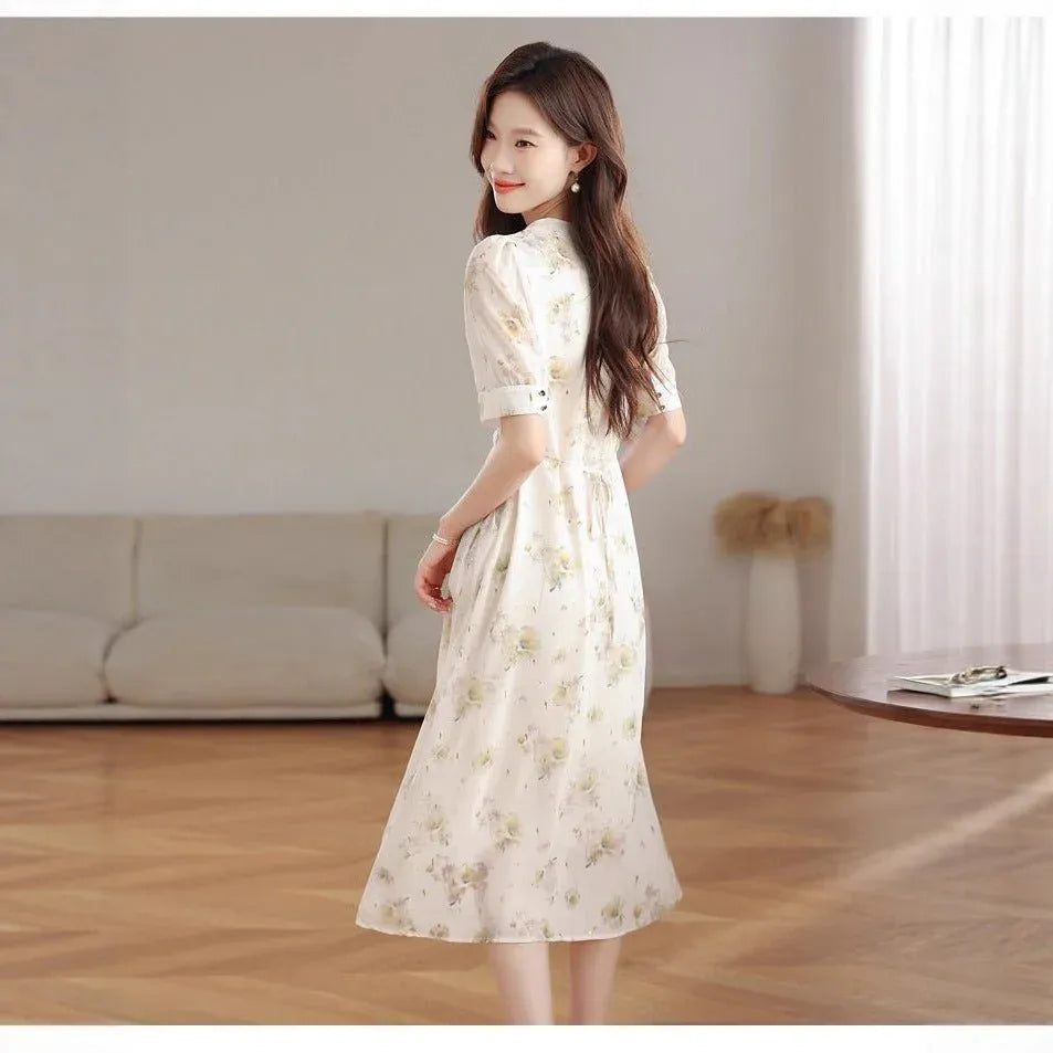 Floral V Neck Puff Sleeve Midi Dress Dubai UAE elegant women's midi dress with floral print for casual outings and special occasions