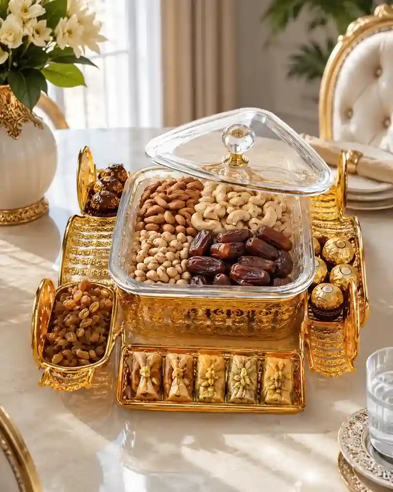 Gold Carriage Serving Dish with Lid Dubai UAE luxury serving dish with elegant carriage design for desserts sweets dates and festive dining