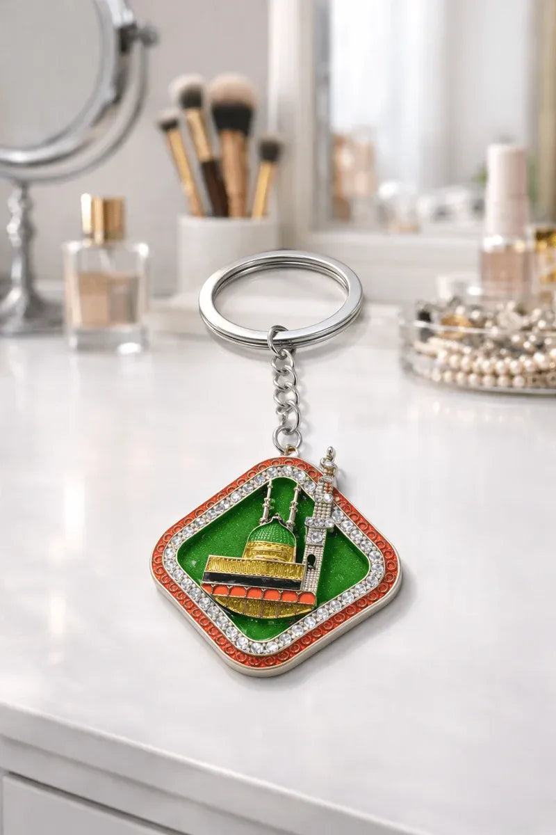Madinah Dome Metal Keychain with Crystal Border Dubai UAE elegant Madinah Dome metal keychain with crystal border for keys bags and Islamic gift collection