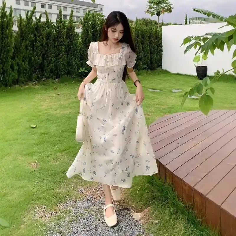 Blue Floral Chiffon Vacation Dress for Women Dubai UAE elegant floral chiffon dress for beach vacations summer outings and casual wear