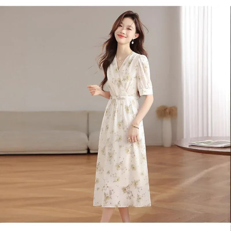 Floral V Neck Puff Sleeve Midi Dress Dubai UAE elegant women's midi dress with floral print for casual outings and special occasions