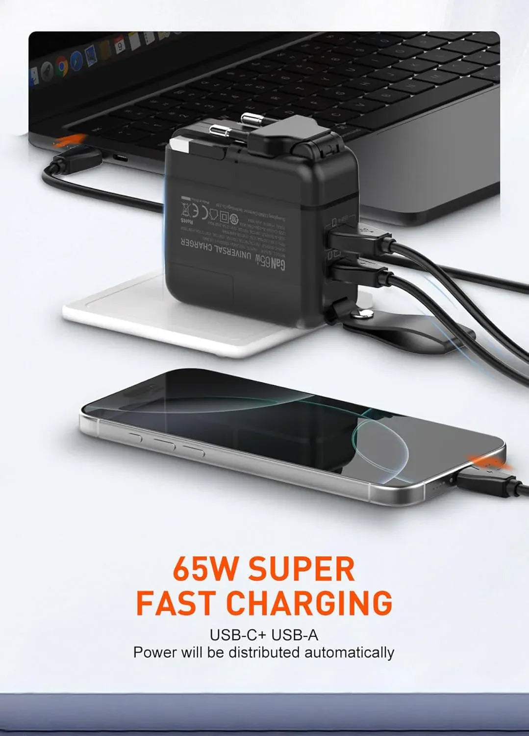 65W GaN Fast Charger with USB C and USB A Dubai UAE compact GaN fast charger for laptops smartphones tablets and USB powered devices