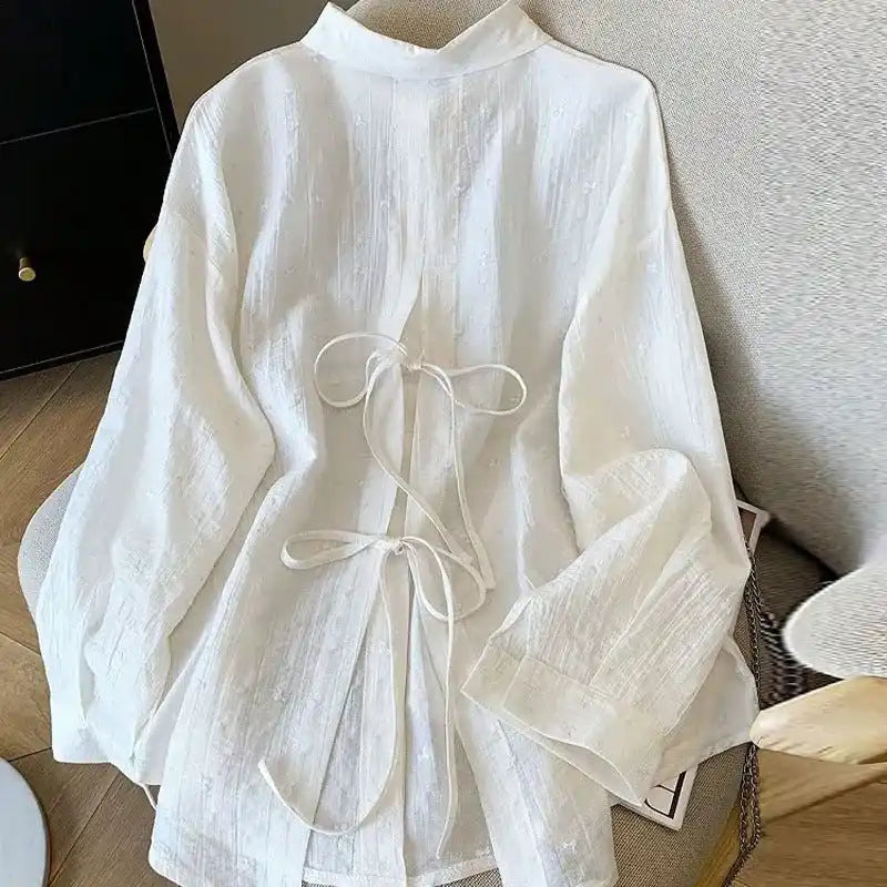 Elegant White Crepe Loose Fit Shirt Cardigan Dubai UAE women's white crepe shirt cardigan with relaxed loose fit for casual wear office and everyday style