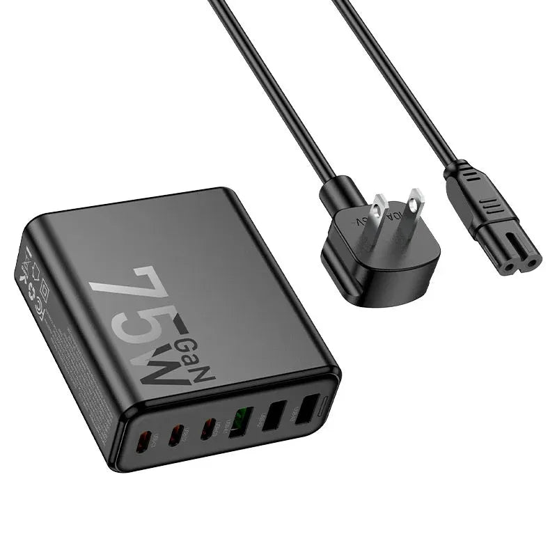 HOCO 75W GaN 6 Port Fast Charger with PD and QC 3.0 Dubai UAE GaN fast charger with six ports for smartphones tablets laptops and USB devices