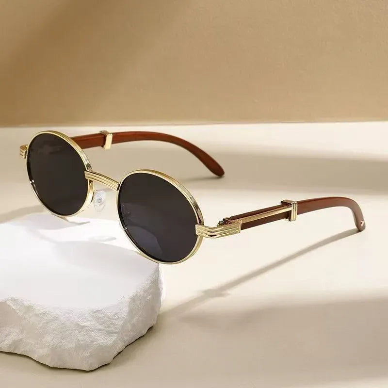 Metal Oval Wood Grain UV400 Sunglasses Dubai UAE stylish metal oval sunglasses with wood grain finish UV400 protection and lightweight everyday comfort