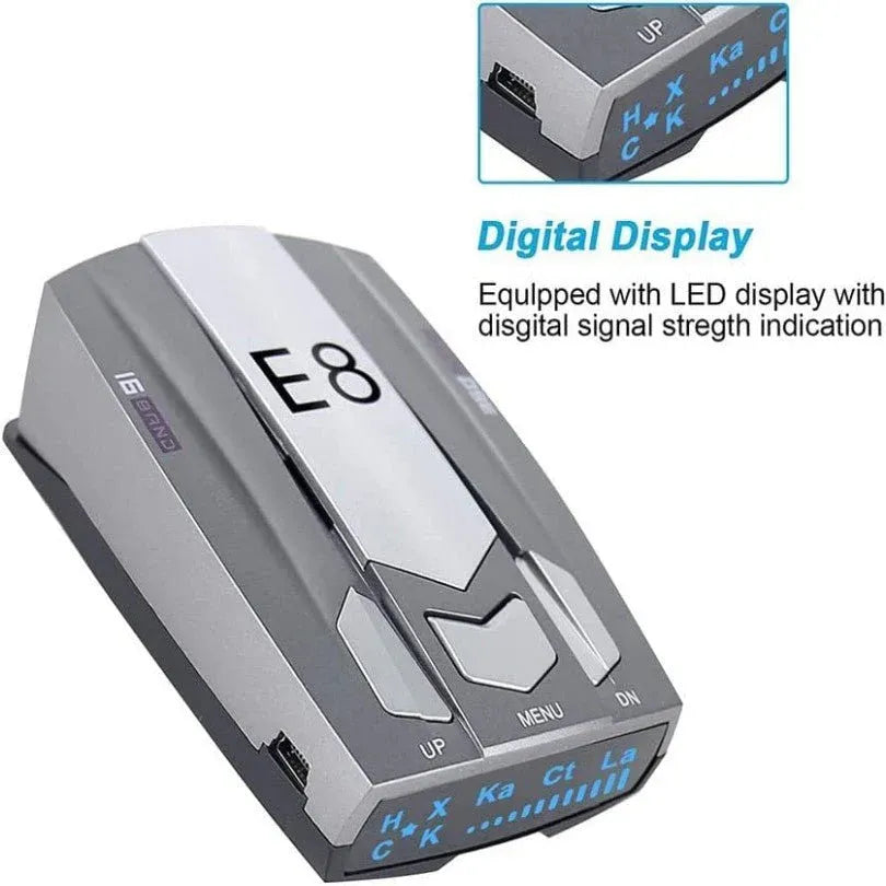 E8 Car Radar Speed Detector Dubai UAE 360 degree car radar detector with voice alerts for enhanced driving awareness and highway travel