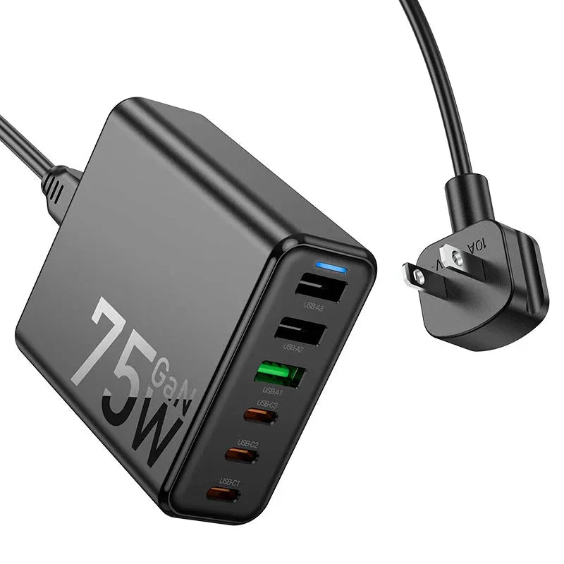 HOCO 75W GaN 6 Port Fast Charger with PD and QC 3.0 Dubai UAE GaN fast charger with six ports for smartphones tablets laptops and USB devices