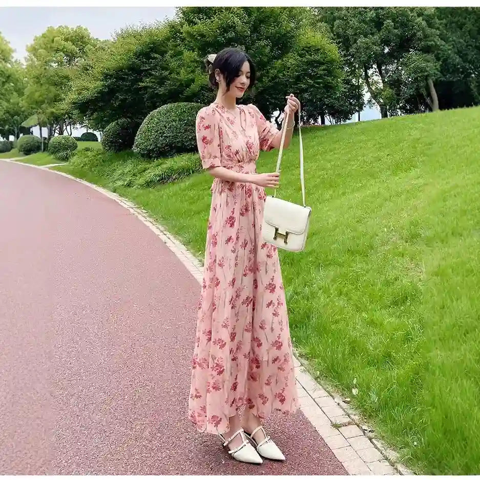 Women's Printed Chiffon Midi Split Dress Dubai UAE elegant printed chiffon midi dress with side split for parties vacations and everyday fashion