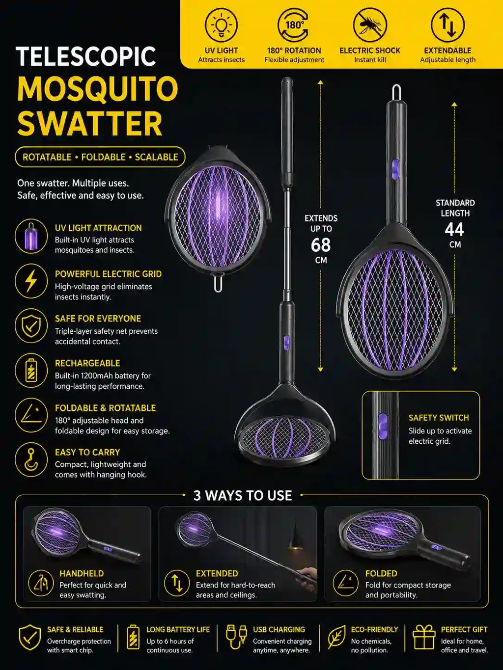 Telescopic Electric Mosquito Swatter Racket Dubai UAE rechargeable mosquito killer racket with extendable handle for indoor and outdoor insect control