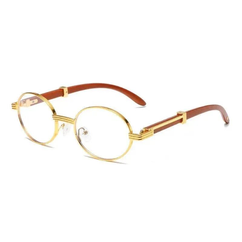 Metal Oval Wood-Grain UV400 Sunglasses