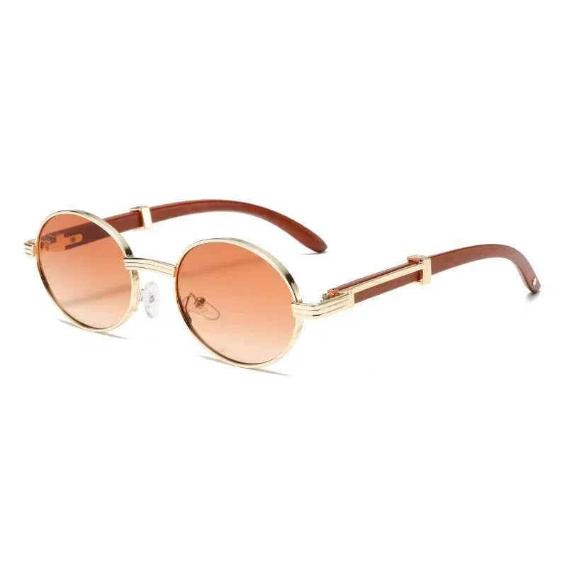Metal Oval Wood-Grain UV400 Sunglasses