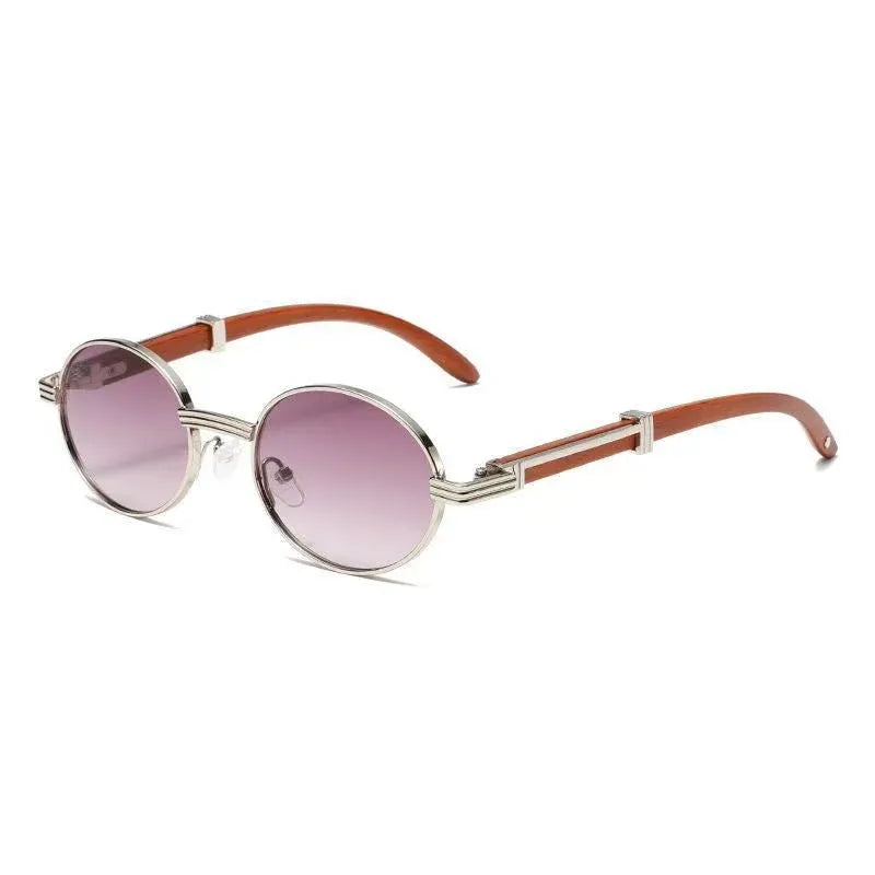 Metal Oval Wood-Grain UV400 Sunglasses