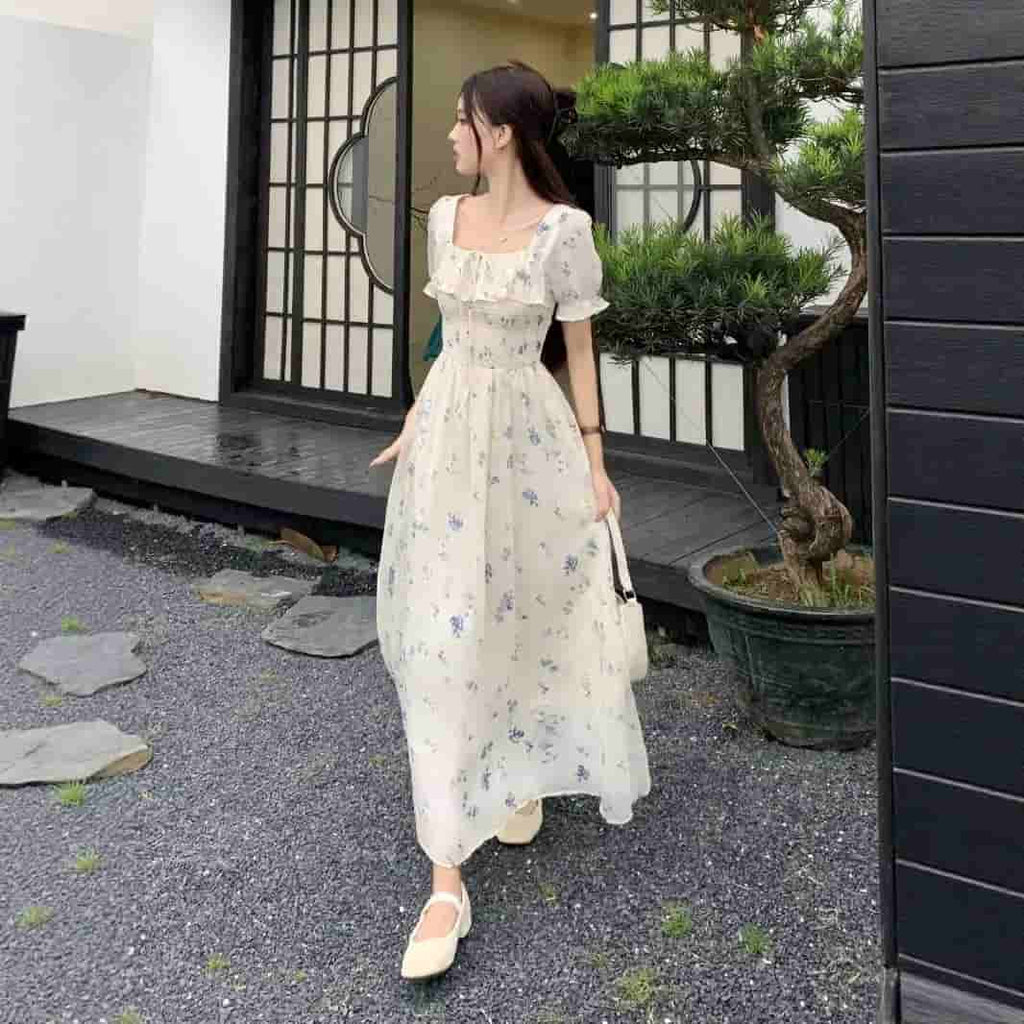 Blue Floral Chiffon Vacation Dress for Women Dubai UAE elegant floral chiffon dress for beach vacations summer outings and casual wear