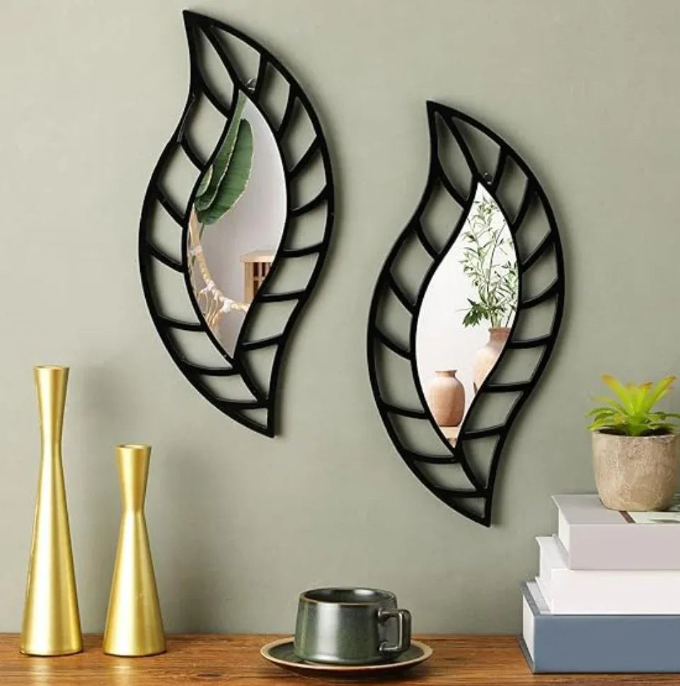 2 Piece Leaf Wall Mirror Decor Set Black Dubai UAE modern black leaf wall mirror set for living room bedroom hallway and home decoration