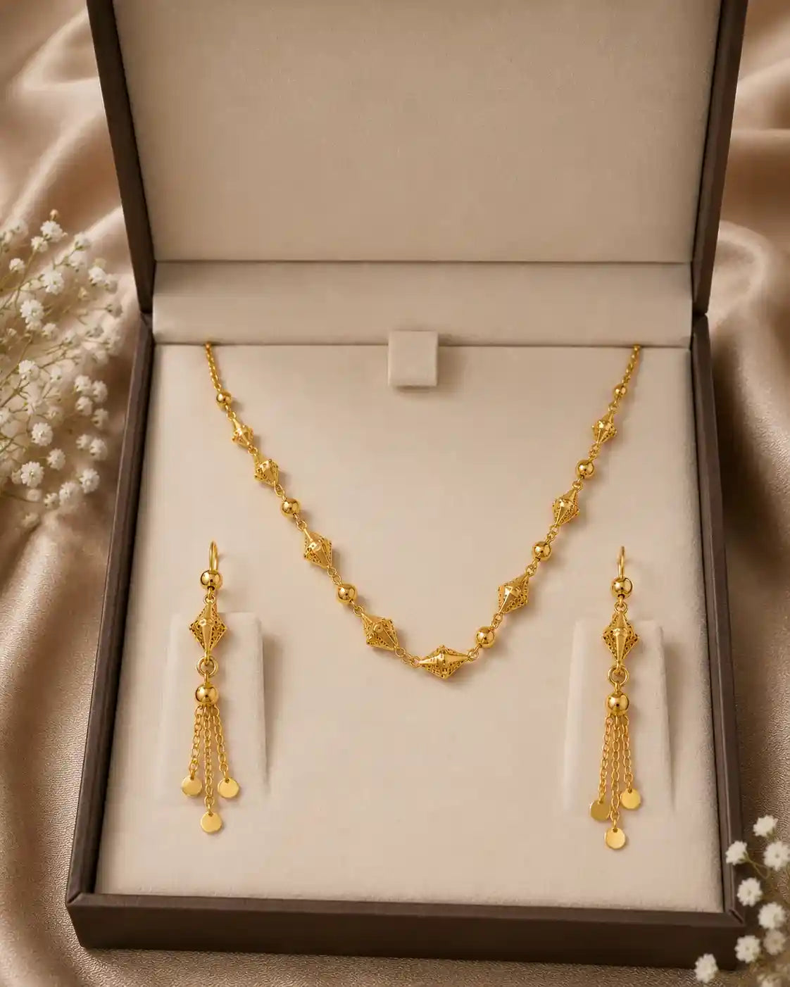 Elegant Gold Bead Necklace and Earrings Set Dubai UAE luxury women's jewelry set with gold bead design for weddings parties and special occasions