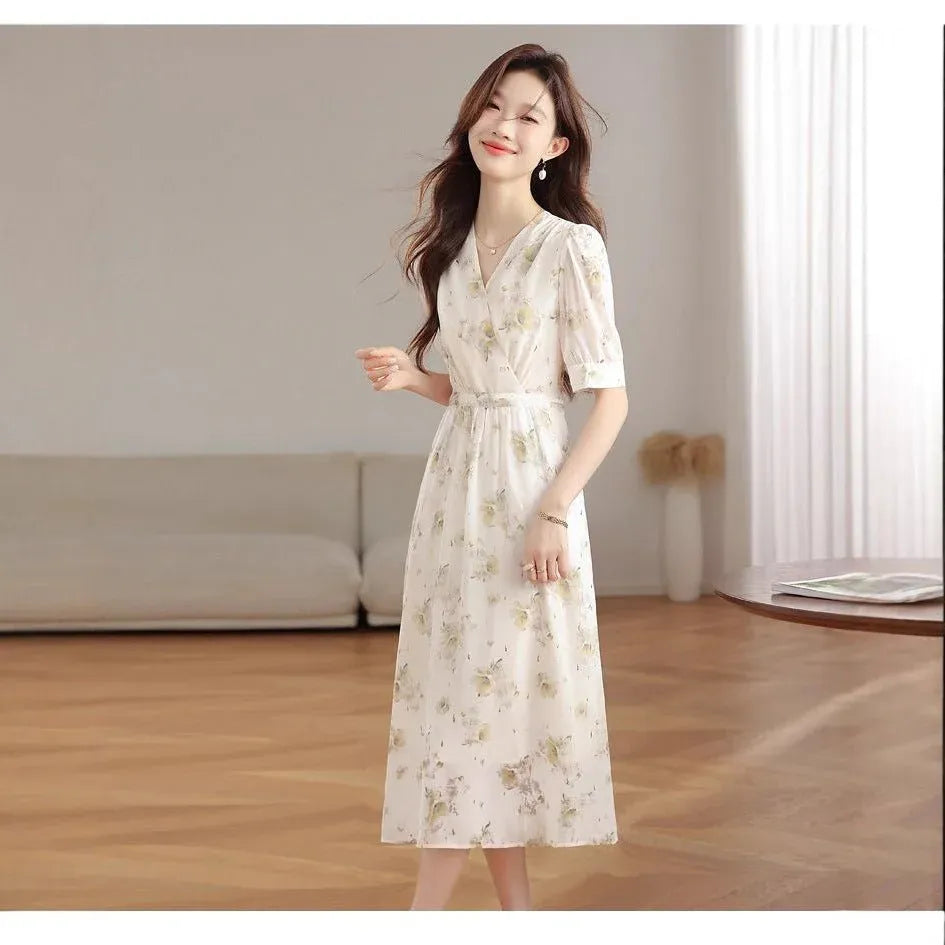 Floral V Neck Puff Sleeve Midi Dress Dubai UAE elegant women's midi dress with floral print for casual outings and special occasions