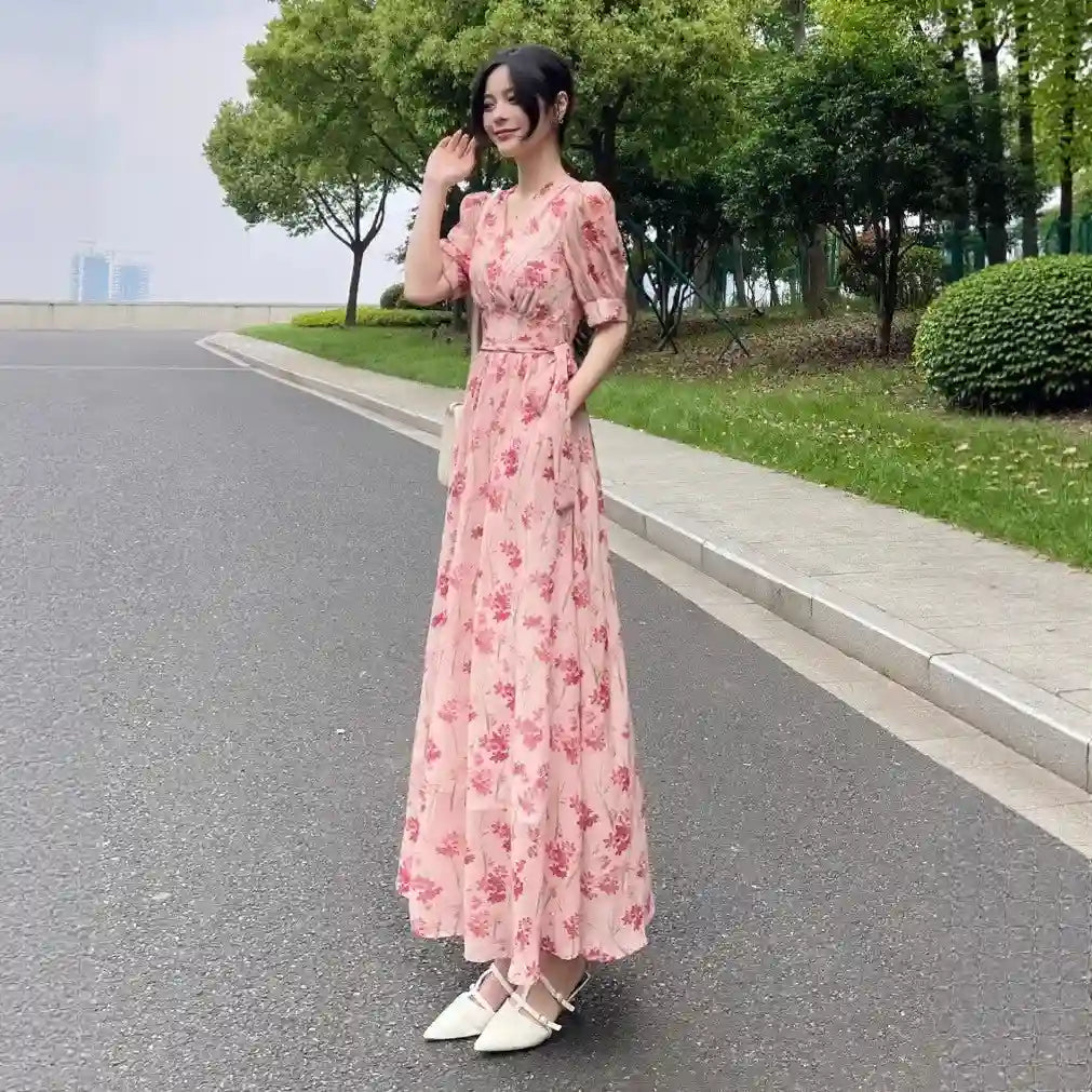 Women's Printed Chiffon Midi Split Dress Dubai UAE elegant printed chiffon midi dress with side split for parties vacations and everyday fashion